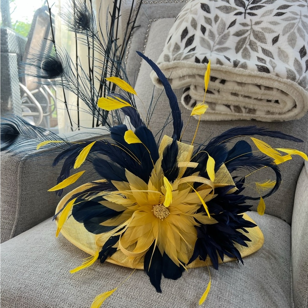 Elegant Yellow and Dark Blue Feathered Kentucky Derby Hat